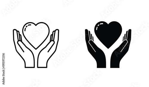 Black and white line art illustration of hands holding heart shapes in a symbolic gesture of love and care