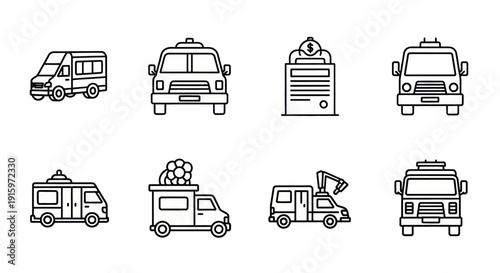 Line icons of different utility and service vehicles and a contract document, ideal for transportation and business presentations