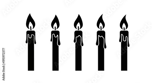 Five Black Candle Icons with Dripping Wax on White Background