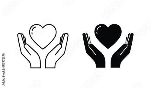 Vector illustration of hands holding heart shapes in black and white