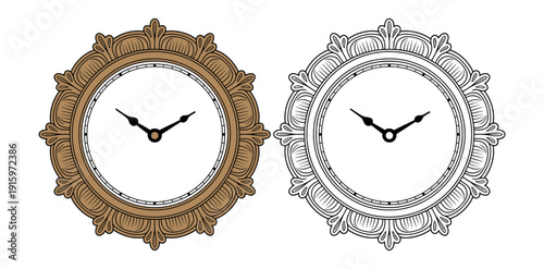 Two ornate circular wall clock faces display identical black hands against white.