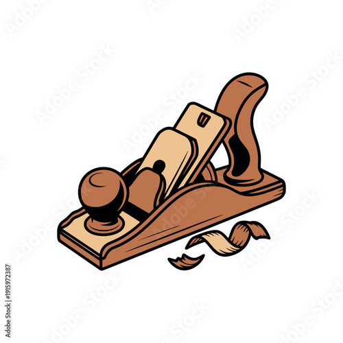 Wood hand plane tool rests beside a small, curly wood shaving ready for carpentry.