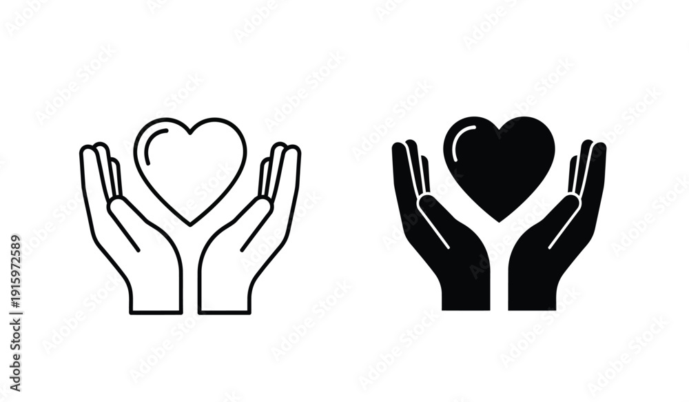 Obraz premium Black and white icons of hands holding hearts in different styles
