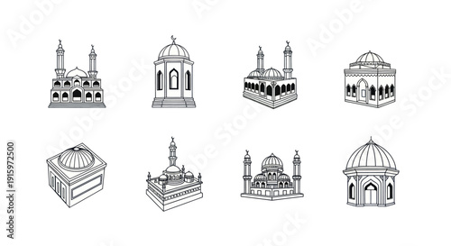 Set of detailed Islamic mosque sketches with domes and minarets line art style for religious architecture projects and cultural design