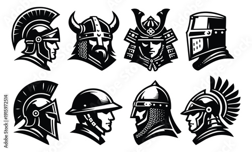 Iconic warrior helmets set featuring spartan, viking, samurai, and knight designs for historical and military themes
