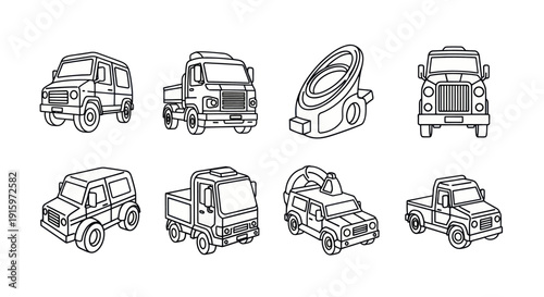 Set of hand-drawn cartoon trucks and car parts illustrations, perfect for automotive design, children's books, and vehicle-themed projects