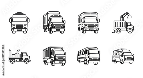 Set of eight black and white line art icons depicting various trucks and utility vehicles for transportation and construction projects