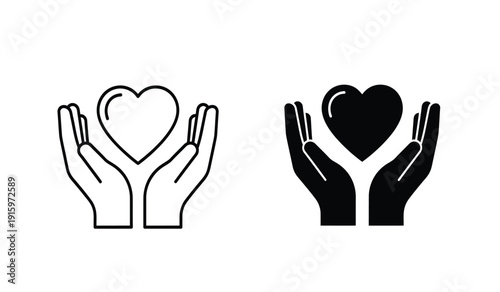 Black and white icons of hands holding hearts in different styles