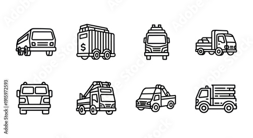 Set of eight hand-drawn black and white truck and vehicle icons including cargo, tow, pickup, and utility trucks, perfect for transport or logistics design