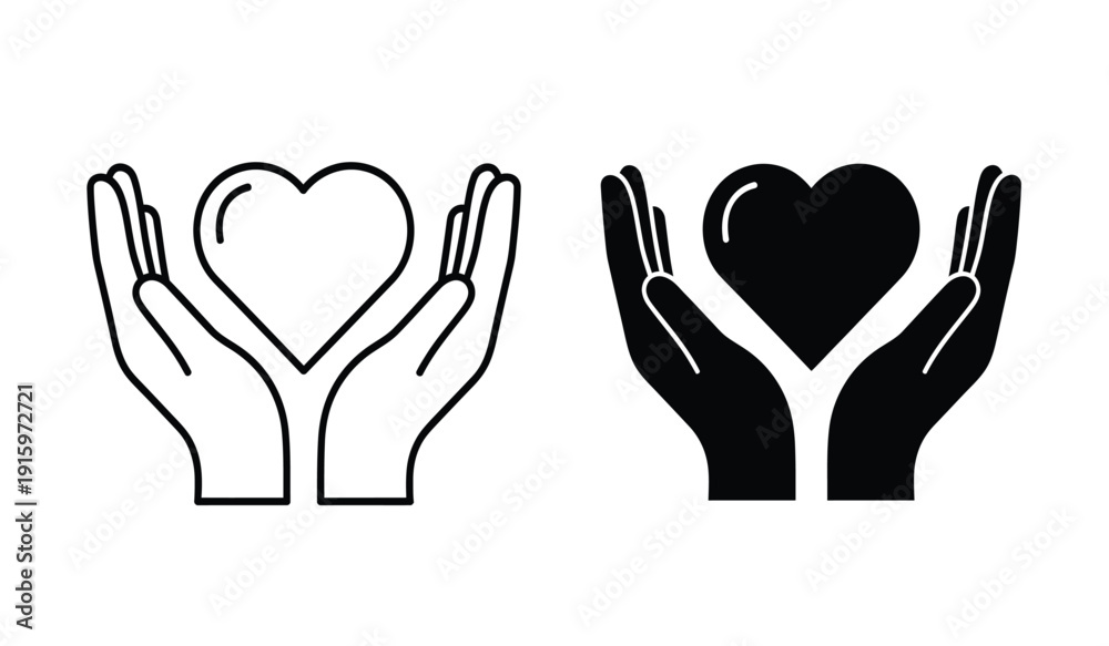 Obraz premium Black and white line art hands holding heart shapes in a symbolic gesture of love and care