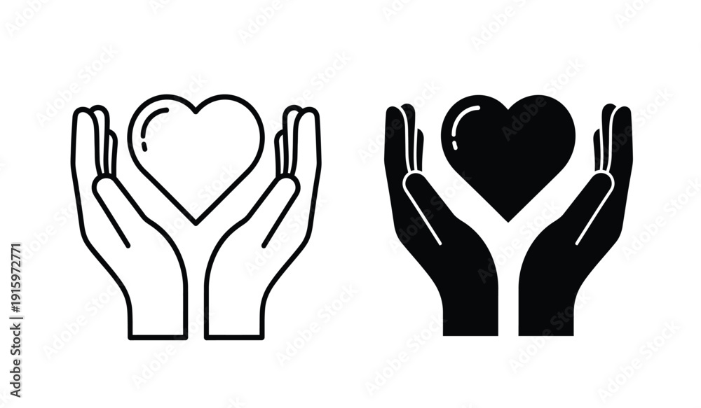 Fototapeta premium Black and white line art of hands holding a heart symbol
