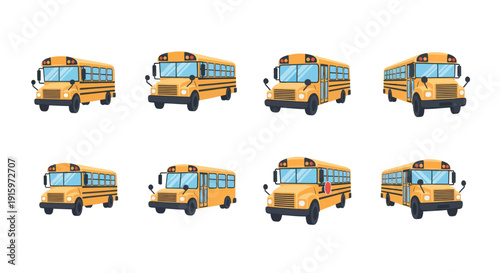 Set of yellow school bus illustrations in various angles with stop signs suitable for educational and transportation design projects