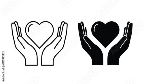 Black and white line art hands holding heart shapes in a symbolic gesture of love and care