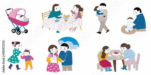 Family moments illustrations depicting parents with children in various settings