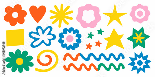 Colorful assortment of playful cartoon shapes and floral designs