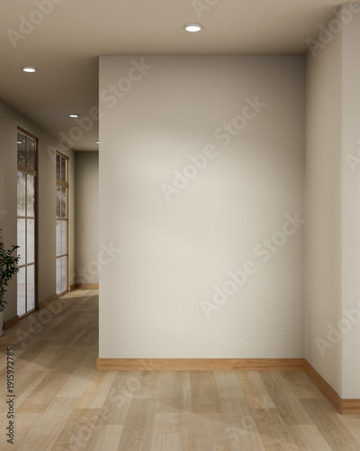 Schilderij op canvas Empty white wall and wooden parquet floor corridor with sunlight through window in the modern house