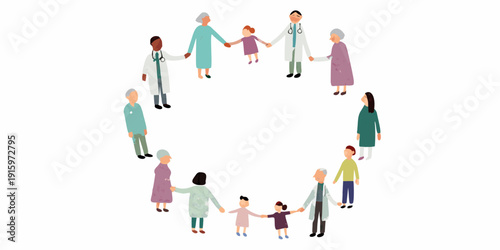 Diverse group of people including healthcare workers holding hands in a circle