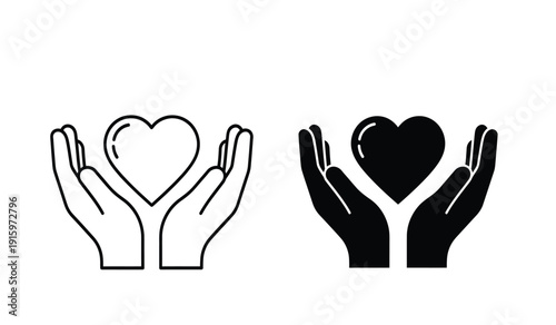 Black and white line art of hands holding a heart symbol