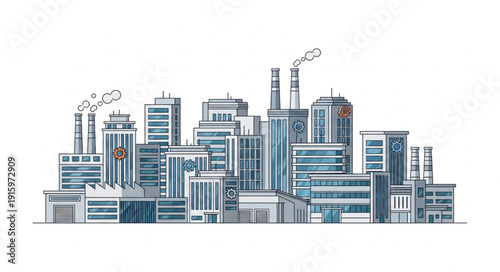 Modern industrial factory complex with multiple buildings and smokestacks.