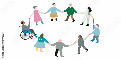 Diverse group of people holding hands in a circle symbolizing unity