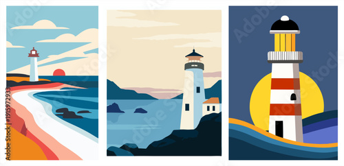 Description:Minimalist lighthouse triptych landscape with ocean coast and sun, flat vector art.