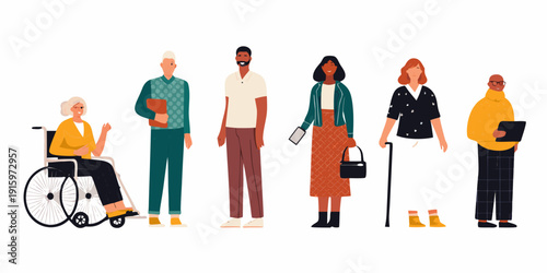 Diverse group of people standing together in a flat illustration style