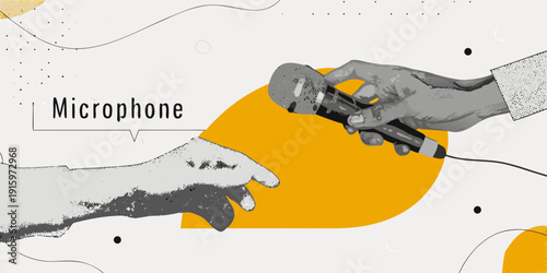 Hands holding a microphone with abstract yellow and gray shapes