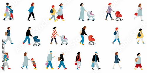 Diverse group of people walking including parents with strollers and children