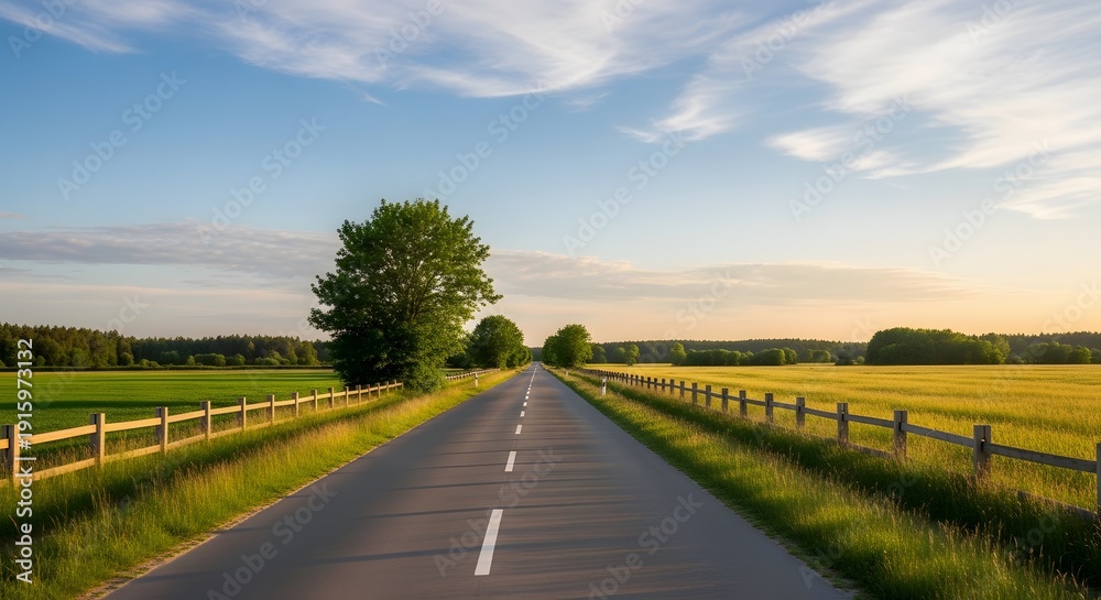 Naklejka premium Scenic Country Road Lined with Wooden Fences and Fields at Sunset.