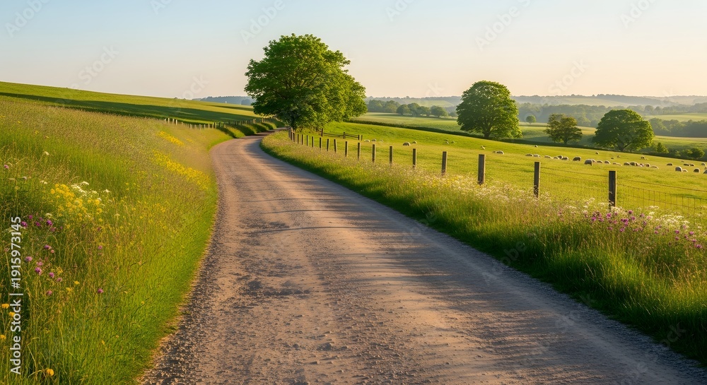 Fototapeta premium Scenic Country Road Winding Through Lush Green Fields at Sunrise.