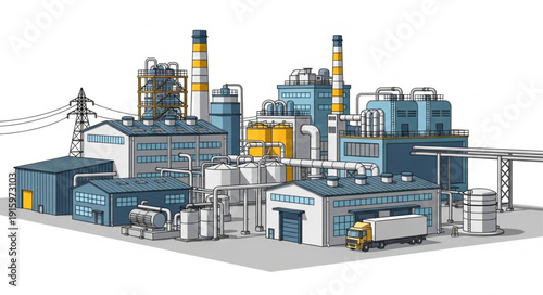 Modern industrial factory complex with multiple buildings and smokestacks.