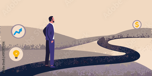 A businessman contemplates a winding road with symbols of growth and finance