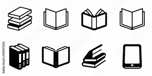 Collection of black and white book and reading related icons