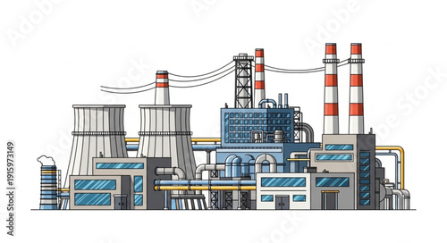 Modern industrial factory complex with multiple buildings and smokestacks.