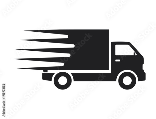 Black and white silhouette of a speeding delivery truck with motion lines