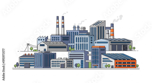 Modern industrial factory complex with multiple buildings and smokestacks.