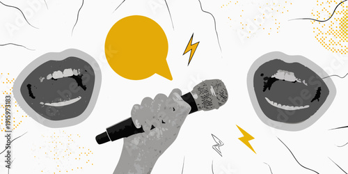 Two faces and a microphone with speech bubbles and lightning bolts