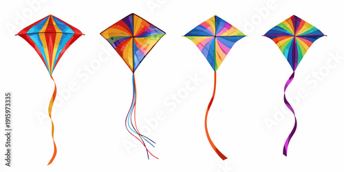 Four colorful kites displayed in a row against a white background