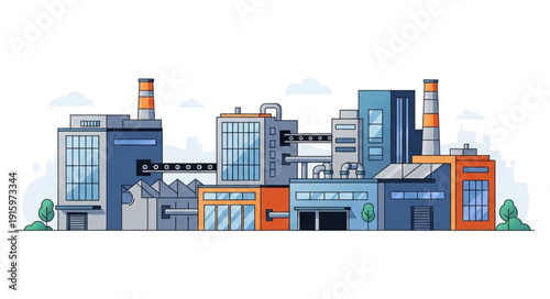 Modern Industrial Factory Buildings With Smokestacks And Windows.