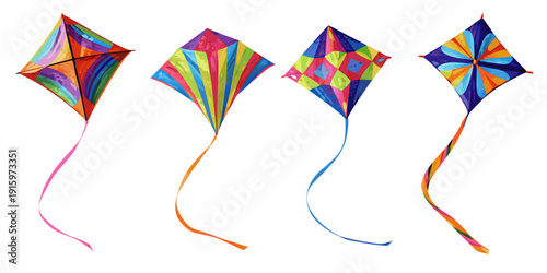 Four colorful diamond kites with flowing tails against a white background