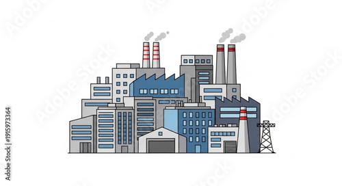 Modern Industrial Factory Buildings with Smokestacks.