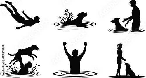 Dog rescue and training silhouette set with handler, swimming pet vector collection isolated on white background for emergency service design