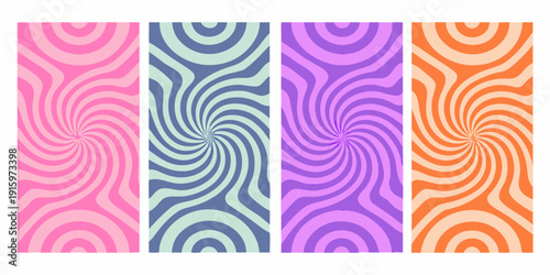 Four vibrant swirling patterns in pink teal purple and orange hues