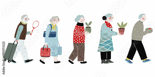 A line of older adults walking carrying belongings and plants