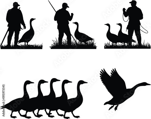 Goose hunting silhouette set with hunter, flock of geese walking and flying, wild bird wildlife vector collection isolated on white background