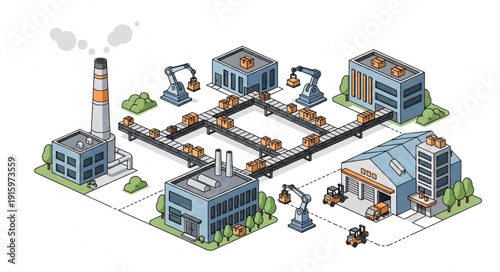 Modern industrial factory complex with automated production lines.