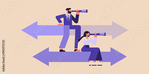 People using binoculars atop arrows representing choices and forward thinking