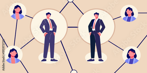 Stylized illustration depicting a business network with diverse professionals