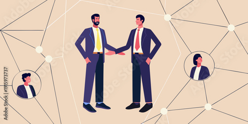 Two businessmen shaking hands with a network of connections in the background