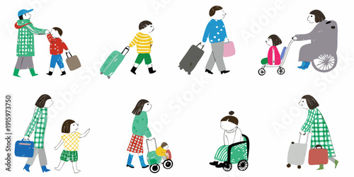 Diverse group of people traveling with luggage and mobility aids